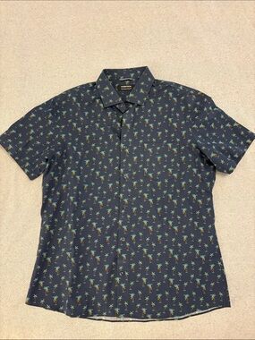 Nordstrom Navy Short-Sleeve Button-Down with Green Palm Print